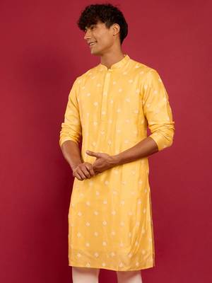 yellow silk blend kurta | pure japan raw silk with all-over ethnic thread embroidery 4