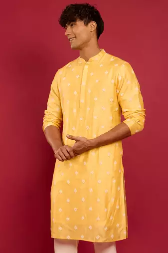 yellow silk blend kurta | pure japan raw silk with all-over ethnic thread embroidery