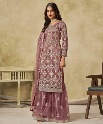 Mauve net heavy thread embroidery with sequins work palazzo suit 2