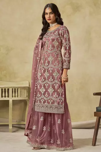 Mauve net heavy thread embroidery with sequins work palazzo suit