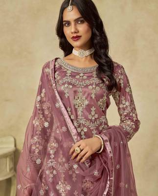 Mauve net heavy thread embroidery with sequins work palazzo suit 3