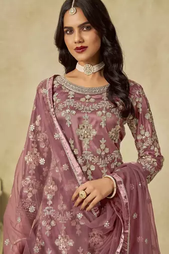 Mauve net heavy thread embroidery with sequins work palazzo suit