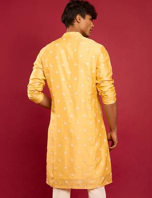 yellow silk blend kurta | pure japan raw silk with all-over ethnic thread embroidery 5