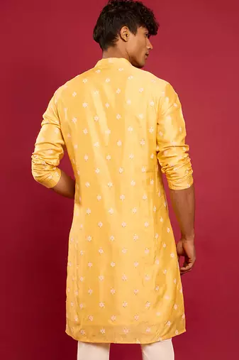 yellow silk blend kurta | pure japan raw silk with all-over ethnic thread embroidery