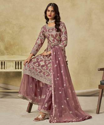 Mauve net heavy thread embroidery with sequins work palazzo suit 4