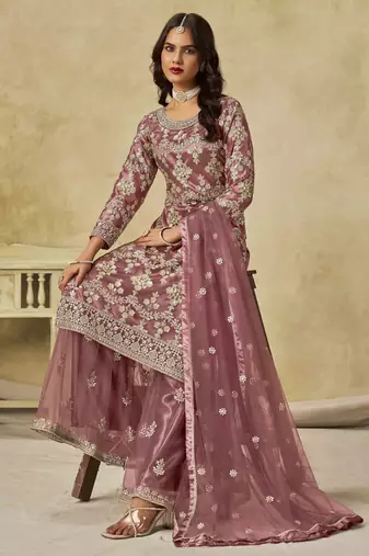 Mauve net heavy thread embroidery with sequins work palazzo suit