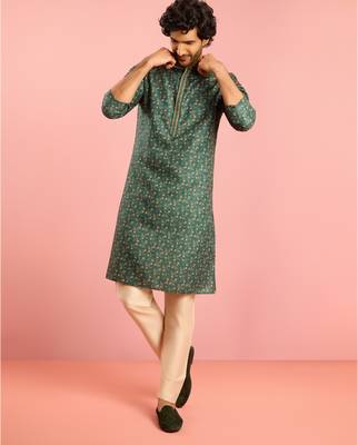 bottle green floral print kurta pyjama set | digital print with beige bottom 1