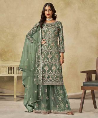 Green net heavy thread embroidery with sequins work palazzo suit 1