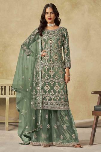 Green net heavy thread embroidery with sequins work palazzo suit
