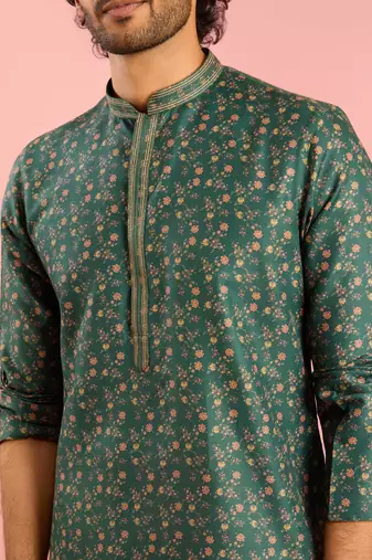 bottle green floral print kurta pyjama set | digital print with beige bottom