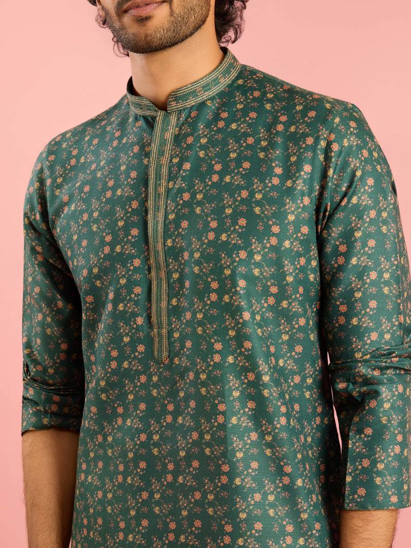 bottle green floral print kurta pyjama set | digital print with beige bottom