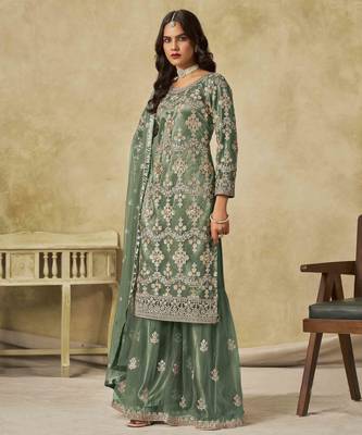 Green net heavy thread embroidery with sequins work palazzo suit 2