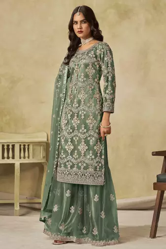 Green net heavy thread embroidery with sequins work palazzo suit