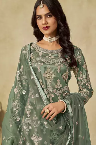 Green net heavy thread embroidery with sequins work palazzo suit