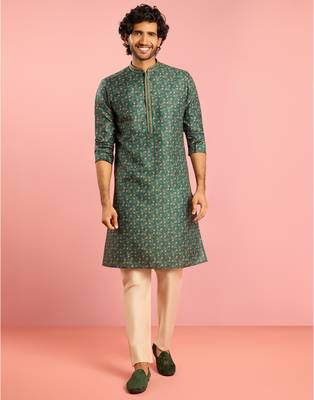 bottle green floral print kurta pyjama set | digital print with beige bottom 3