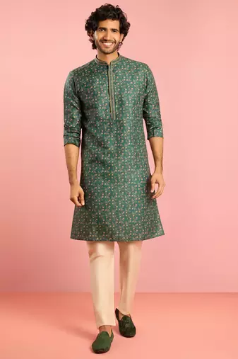 bottle green floral print kurta pyjama set | digital print with beige bottom