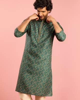 bottle green printed & embroidered cotton kurta | wedding summer festive wear 1