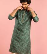 bottle green printed & embroidered cotton kurta | wedding summer festive wear