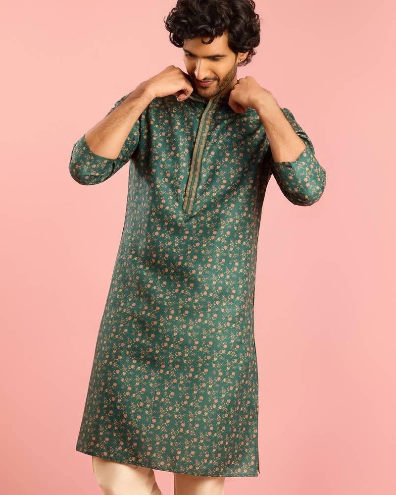 bottle green printed & embroidered cotton kurta | wedding summer festive wear