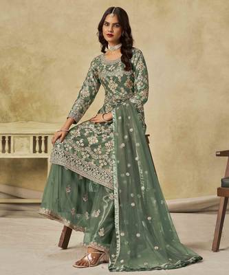 Green net heavy thread embroidery with sequins work palazzo suit 4