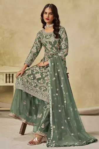 Green net heavy thread embroidery with sequins work palazzo suit