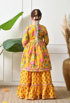 Girl's yellow floral printed kurta skirt set with dupatta   festive ethnic wear ilksd10 2