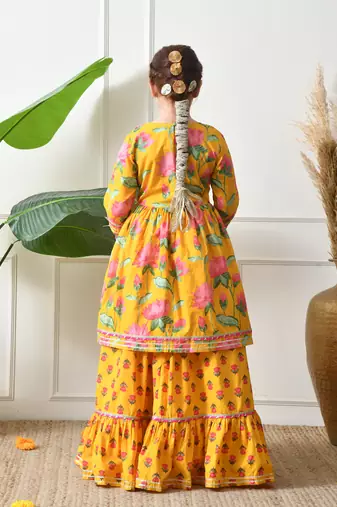 Girl's yellow floral printed kurta skirt set with dupatta   festive ethnic wear ilksd10