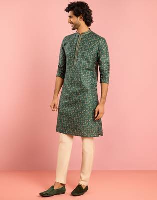 bottle green floral print kurta pyjama set | digital print with beige bottom 4