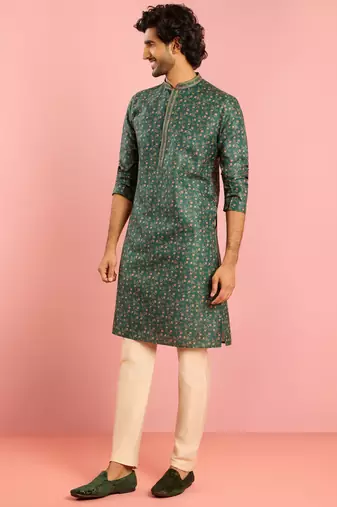 bottle green floral print kurta pyjama set | digital print with beige bottom