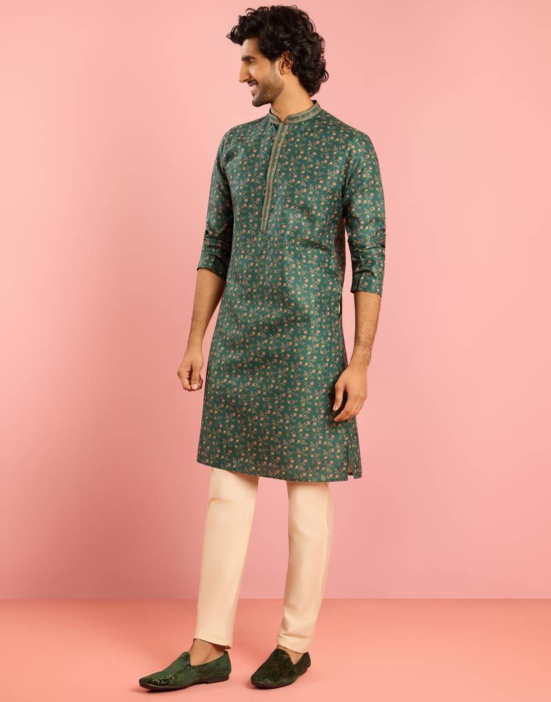 bottle green floral print kurta pyjama set | digital print with beige bottom