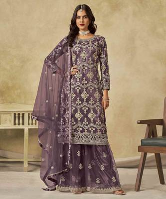 Purple net heavy thread embroidery with sequins work palazzo suit 1
