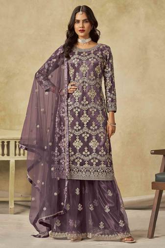 Purple net heavy thread embroidery with sequins work palazzo suit