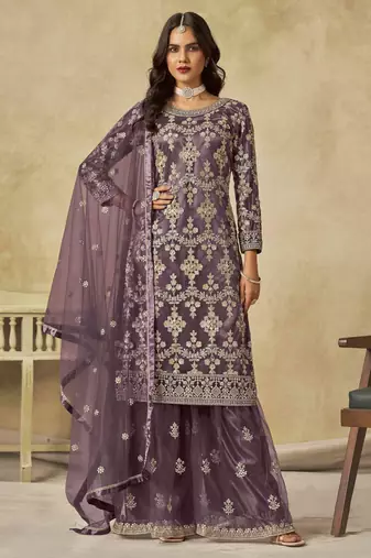 Purple net heavy thread embroidery with sequins work palazzo suit