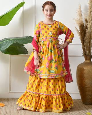 Girl's yellow floral printed kurta skirt set with dupatta   festive ethnic wear ilksd10 3