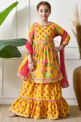 Girl's yellow floral printed kurta skirt set with dupatta   festive ethnic wear ilksd10