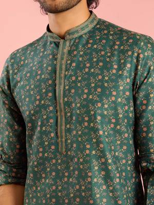 bottle green printed & embroidered cotton kurta | wedding summer festive wear 2