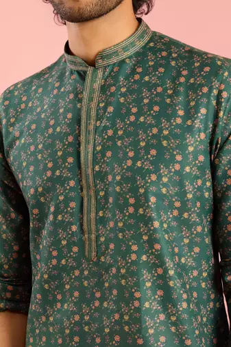 bottle green printed & embroidered cotton kurta | wedding summer festive wear