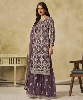 Purple net heavy thread embroidery with sequins work palazzo suit 2
