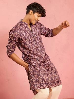 purple silk blend kurta | floral digital print with metallic foil embellishments 1