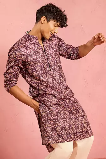 purple silk blend kurta | floral digital print with metallic foil embellishments