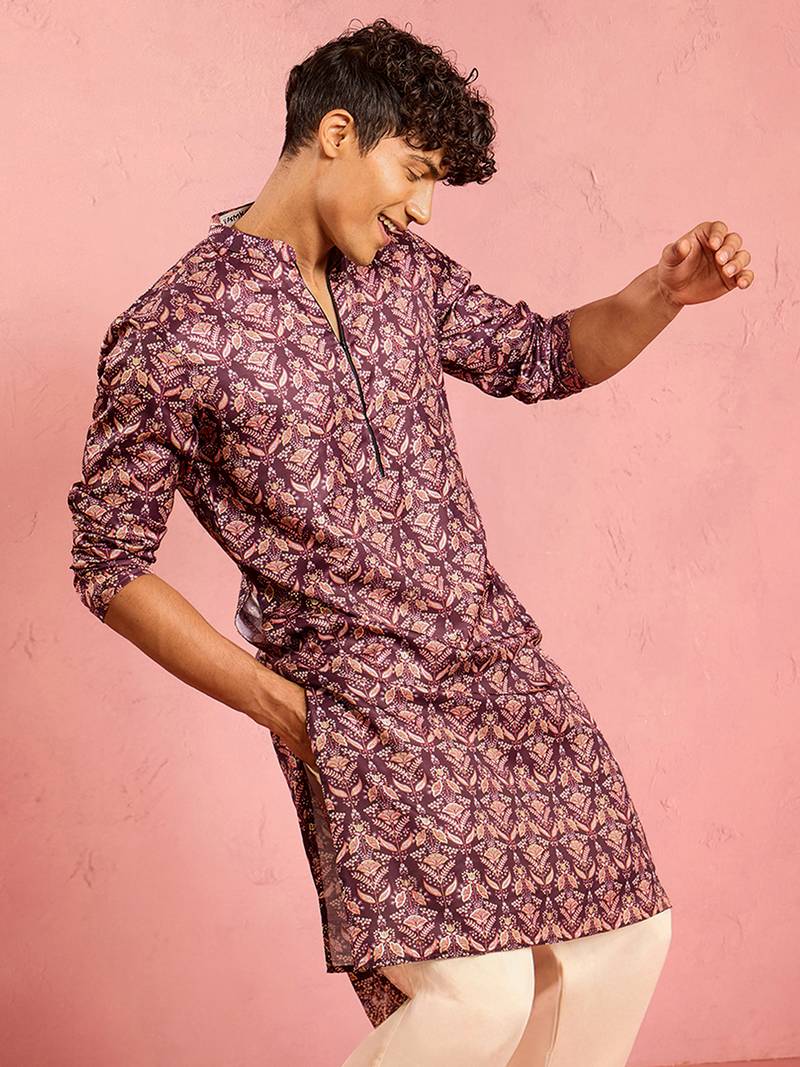 purple silk blend kurta | floral digital print with metallic foil embellishments
