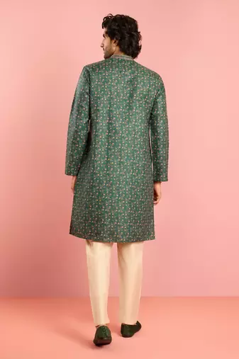 bottle green floral print kurta pyjama set | digital print with beige bottom