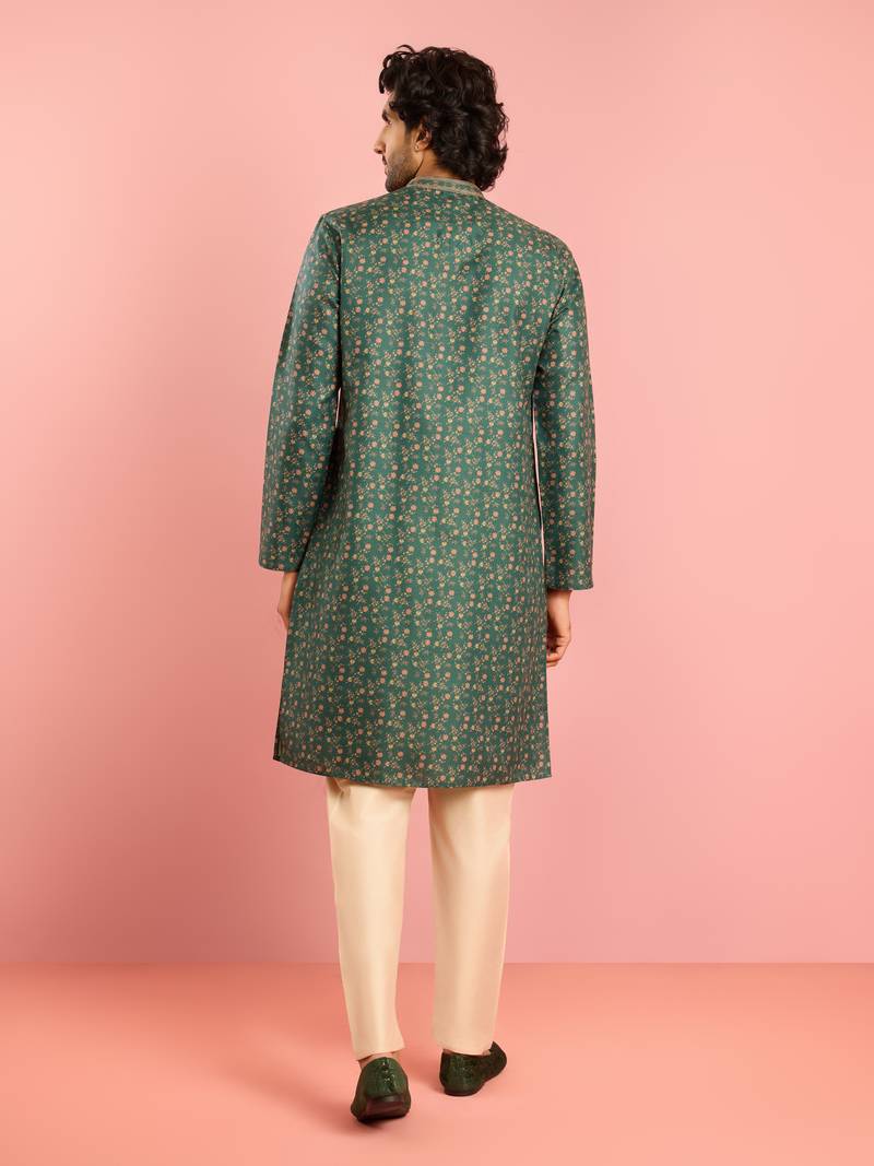 bottle green floral print kurta pyjama set | digital print with beige bottom