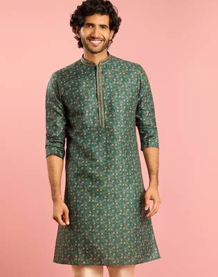 bottle green printed & embroidered cotton kurta | wedding summer festive wear 3