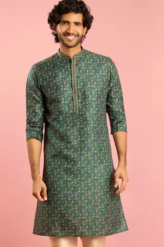 bottle green printed & embroidered cotton kurta | wedding summer festive wear