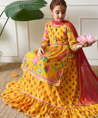 Girl's yellow floral printed kurta skirt set with dupatta   festive ethnic wear ilksd10 4