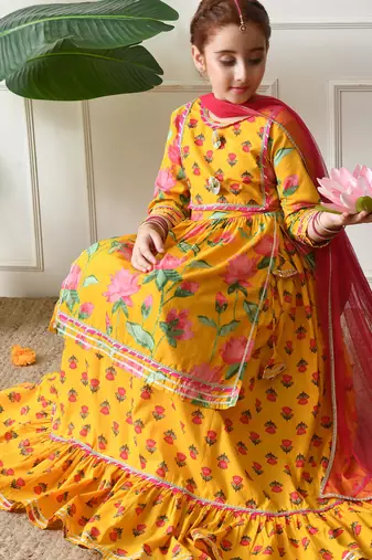 Girl's yellow floral printed kurta skirt set with dupatta   festive ethnic wear ilksd10