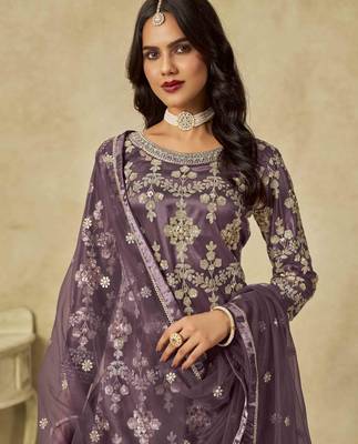 Purple net heavy thread embroidery with sequins work palazzo suit 3