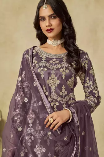 Purple net heavy thread embroidery with sequins work palazzo suit