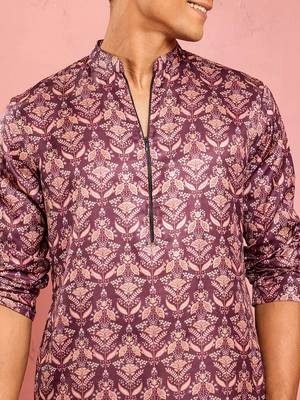 purple silk blend kurta | floral digital print with metallic foil embellishments 2